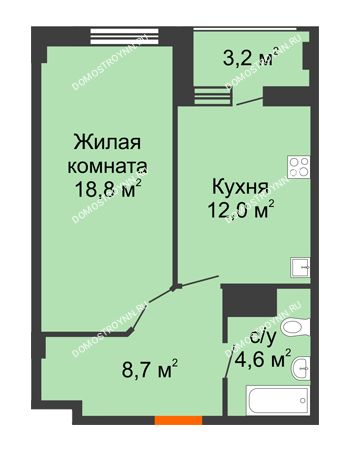 1 комнатная квартира 45,7 м² в ЖК Квартет, дом № 3