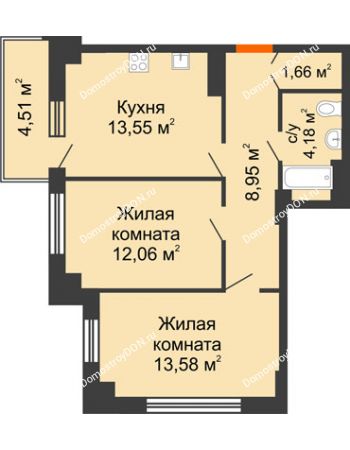 2 комнатная квартира 55,33 м² в ЖК Аврора, дом № 2