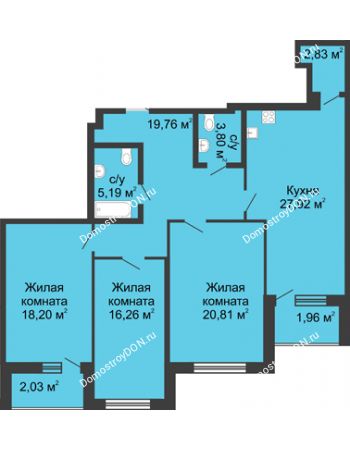 3 комнатная квартира 122 м² в ЖК Тихий Дон, дом № 3