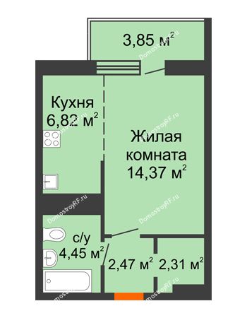 1 комнатная квартира 34,27 м² в ЖК На Хмельницкого	, дом № 3