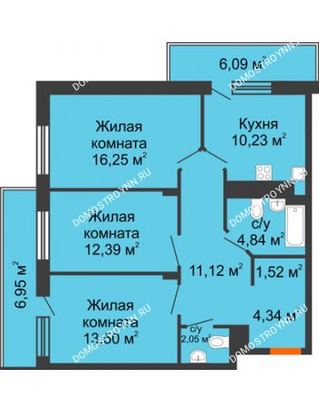 3 комнатная квартира 82,76 м² в ЖК Циолковский, дом № 4