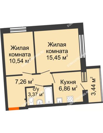 2 комнатная квартира 45,2 м² в ЖК АВИА, дом № 2