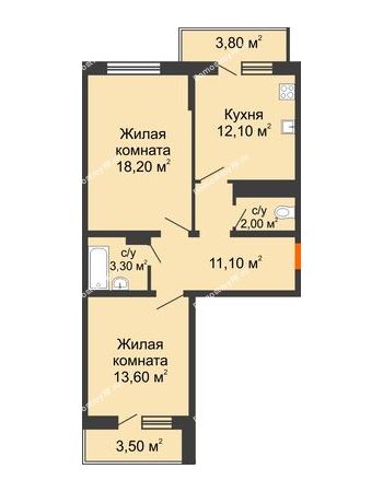 2 комнатная квартира 63,2 м² в ЖК Любимый дом, дом № 48, Литер 2