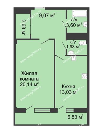 1 комнатная квартира 51,2 м² в  ЖК РИИЖТский Уют, дом Секция 1-2