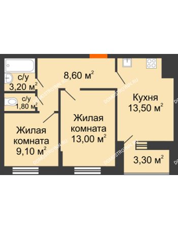 2 комнатная квартира 50,85 м² в ЖК Цветы, дом № 22-3