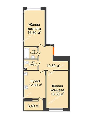 2 комнатная квартира 66,1 м² в ЖК Цветы 2, дом № 4