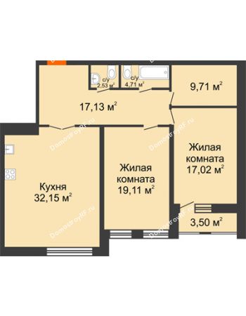 2 комнатная квартира 104,94 м² в ЖК Бунин, дом 1 этап, секции 11,12,13,14