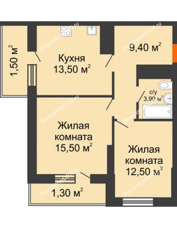 2 комнатная квартира 57,7 м² - ЖК Клубный дом на Мечникова