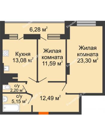 2 комнатная квартира 74,3 м² в ЖК Волжские Огни	, дом B1
