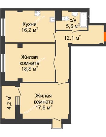 2 комнатная квартира 72,6 м² - ЖК Вершина
