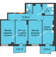 3 комнатная квартира 77,36 м² в ЖК Сердце Ростова 2, дом Литер 6 - планировка