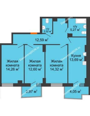 3 комнатная квартира 77,36 м² в ЖК Сердце Ростова 2, дом Литер 7