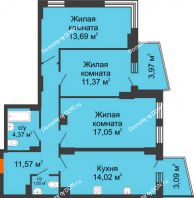 3 комнатная квартира 76,18 м² в ЖК Сердце Ростова 2, дом Литер 8 - планировка