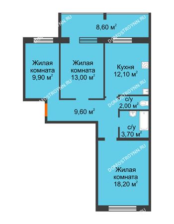 3 комнатная квартира 72,8 м² в ЖК Удачный 2, дом № 1