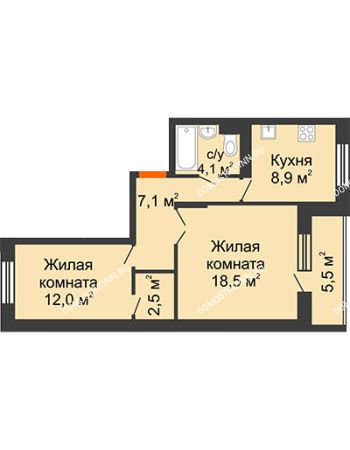 2 комнатная квартира 55,9 м² в ЖК Жюль Верн, дом № 1, корпус 2