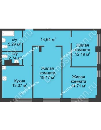 3 комнатная квартира 82,11 м² в ЖК Караваиха, дом № 5