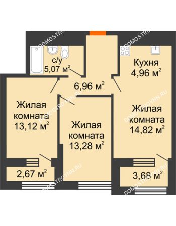 2 комнатная квартира 61,39 м² в ЖК Дом на Набережной, дом № 1