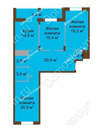 3 комнатная квартира 102,4 м² в ЖК Монолит, дом № 89, корп. 1, 2