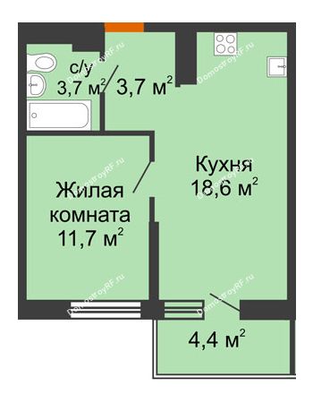 1 комнатная квартира 37,7 м² в ЖК Отражение, дом Литер 1.2