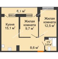 2 комнатная квартира 52,8 м² в ЖК Самолет, дом 4 очередь - Литер 22 - планировка