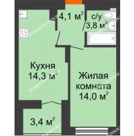1 комнатная квартира 37,9 м² в ЖК Заречье, дом № 1, секция 2 - планировка