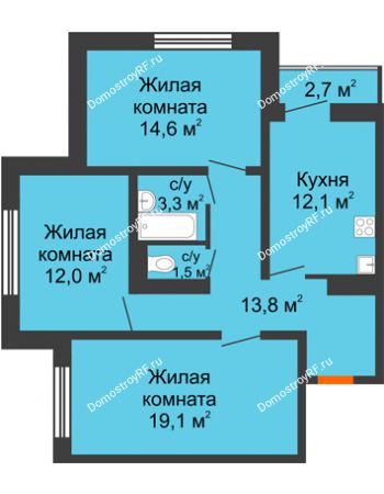 3 комнатная квартира 77,8 м² в ЖК Задонье, дом Позиция 2