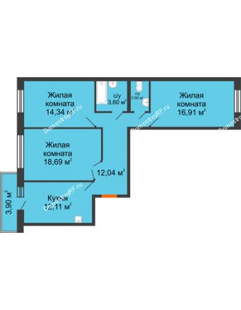 3 комнатная квартира 80,86 м² в ЖК Бограда, дом № 2