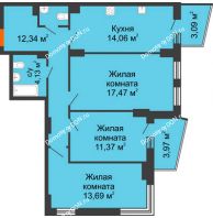 3 комнатная квартира 77,71 м² в ЖК Город у реки, дом Литер 7 - планировка