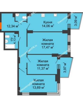 3 комнатная квартира 77,71 м² в ЖК Город у реки, дом Литер 8