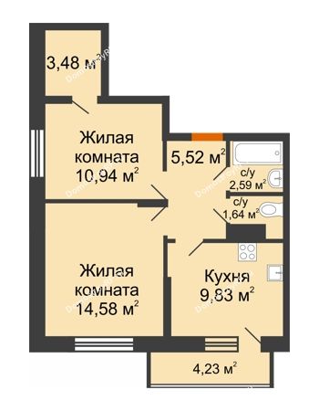 2 комнатная квартира 48,58 м² в ЖК Меридиан Юг, дом ГП-1
