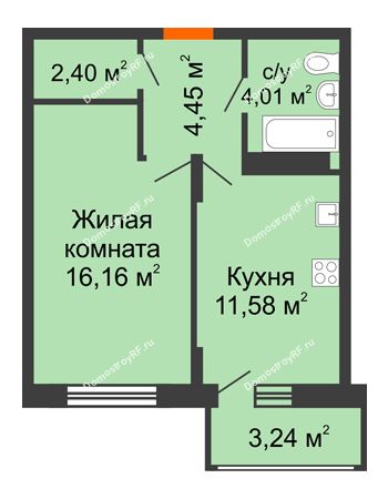 1 комнатная квартира 40,22 м² в ЖК Политехнический, дом 1,2 секция