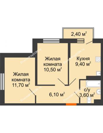 2 комнатная квартира 42 м² в ЖК Южный Берег, дом Литер 7