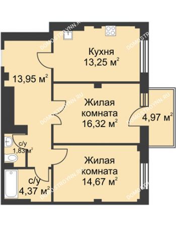 2 комнатная квартира 65,88 м² в ЖК Премиум, дом №1