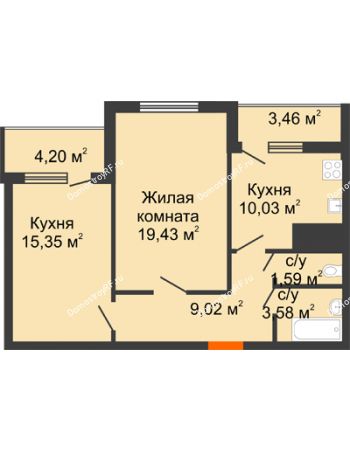 2 комнатная квартира 66,66 м² - ЖК Дом у Самолета