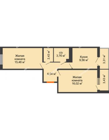 2 комнатная квартира 57,15 м² в ЖК Семейный парк, дом Литер 2