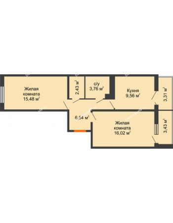2 комнатная квартира 57,15 м² в ЖК Семейный парк, дом Литер 2