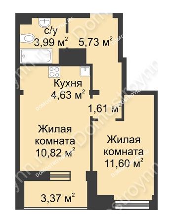 2 комнатная квартира 41,75 м² в ЖК КМ Анкудиновский Парк, дом № 2
