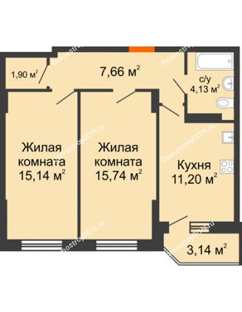 2 комнатная квартира 56,71 м² в ЖК Свобода, дом №2