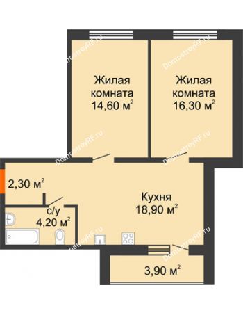 2 комнатная квартира 60,2 м² в ЖК Куйбышев, дом № 3