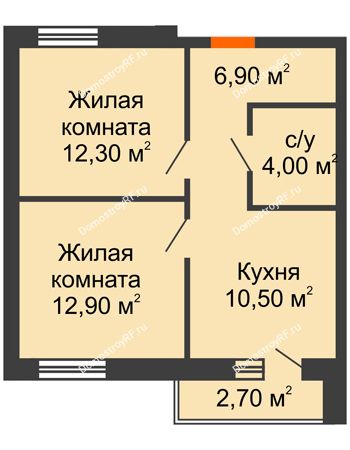 2 комнатная квартира 48 м² - ЖК Дом на Курчатова