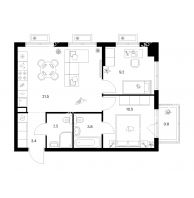 2 комнатная квартира 52,7 м² в ЖК Савин парк, дом корпус 9 - планировка