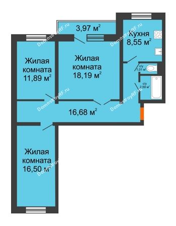 3 комнатная квартира 76,6 м² в ЖК Снегири, дом № 6