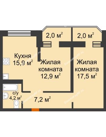 2 комнатная квартира 61,7 м² в ЖК Сказка Град, дом Литер 1