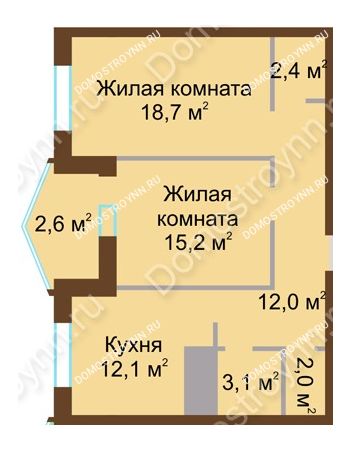 2 комнатная квартира 68,1 м² в ЖК Монолит, дом № 89, корп. 1, 2