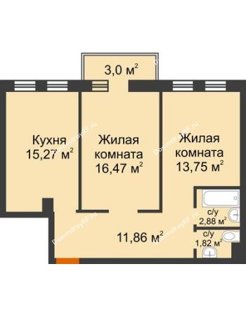 2 комнатная квартира 62,95 м² в ЖК Новоостровский, дом № 2 корпус 1