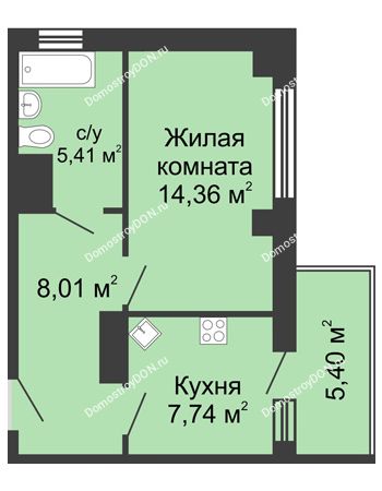 1 комнатная квартира 37,14 м² в ЖК Мега, дом № 116, секция 2