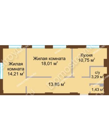 2 комнатная квартира 61,57 м² в ЖК Солнечный, дом № 4