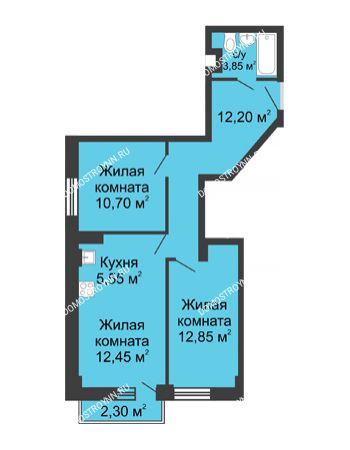 3 комнатная квартира 58,29 м² - ЖК Каскад на Волжской