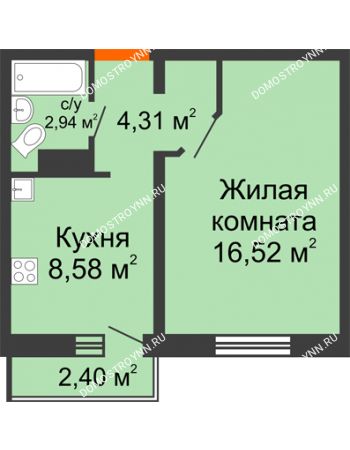 1 комнатная квартира 33,07 м² в ЖК Торпедо, дом № 14
