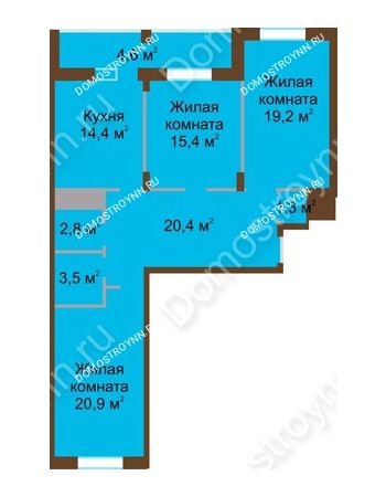 3 комнатная квартира 102,5 м² в ЖК Монолит, дом № 89, корп. 1, 2